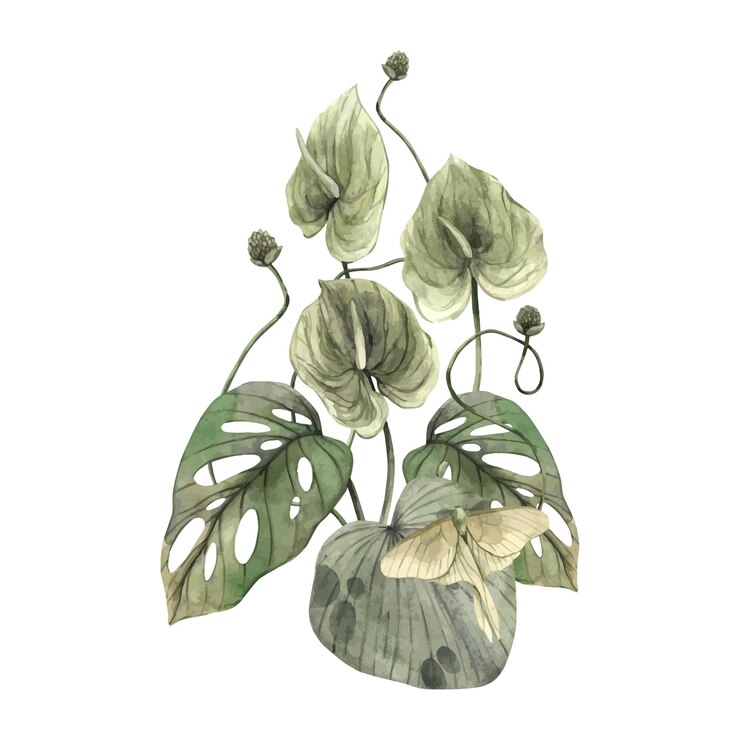 Vector butterfly monstera anthurium bloemen ongeblazen bloemen handgemaakte waterverfcompositie in monochrome florale botanische stijl illustratie voor uitnodigingskaarten verpakkingsontwerp en feestdagen