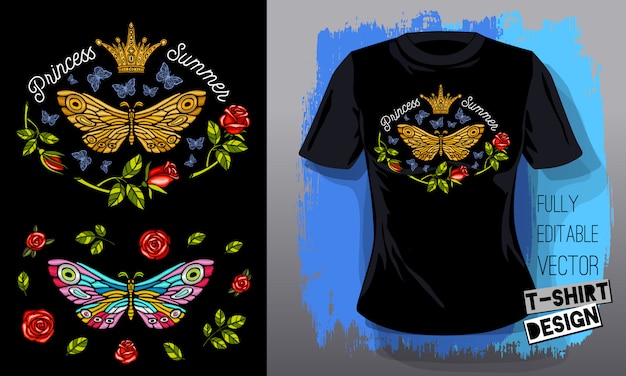 Vector butterfly moth golden embroidery queen crown textile fabrics t shirt design lettering gold wings insect luxury fashion embroidered style hand drawn    illustration