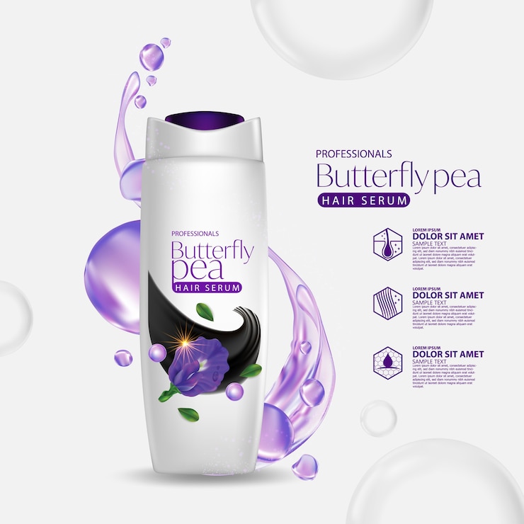 Vector butterfly pea flower hair care shampoo packaging design template