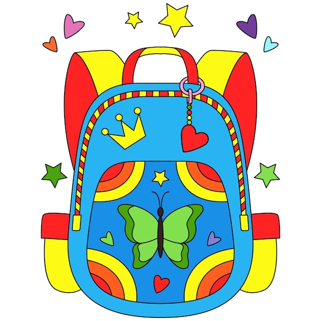 Vector butterfly red yellow colorful school bag backpacks with love and star ornaments coloring artwork