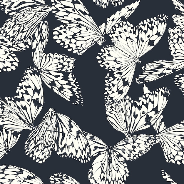 Vector butterfly seamless pattern in black and white on deep blue