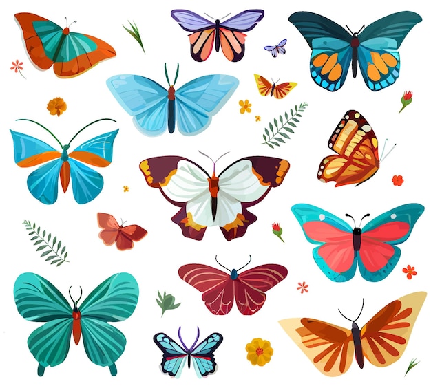 白い背景で隔離の蝶セット。漫画コレクション カラフルな飛んでいる蝶