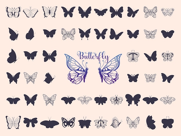 Butterfly silhouette set Vector monochrome illustration Decorative design elements