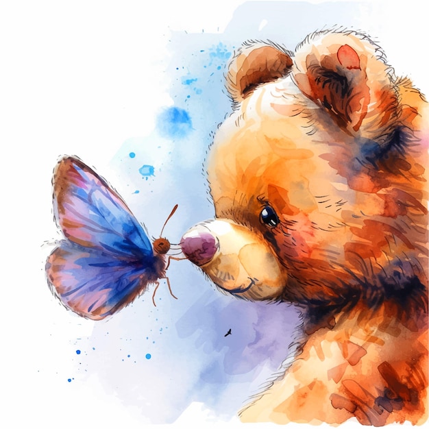 Butterfly standing on the nose of a teddy bear watercolor paint