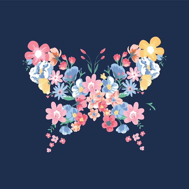 Butterfly style floral vector illustration isolated on navy blue background