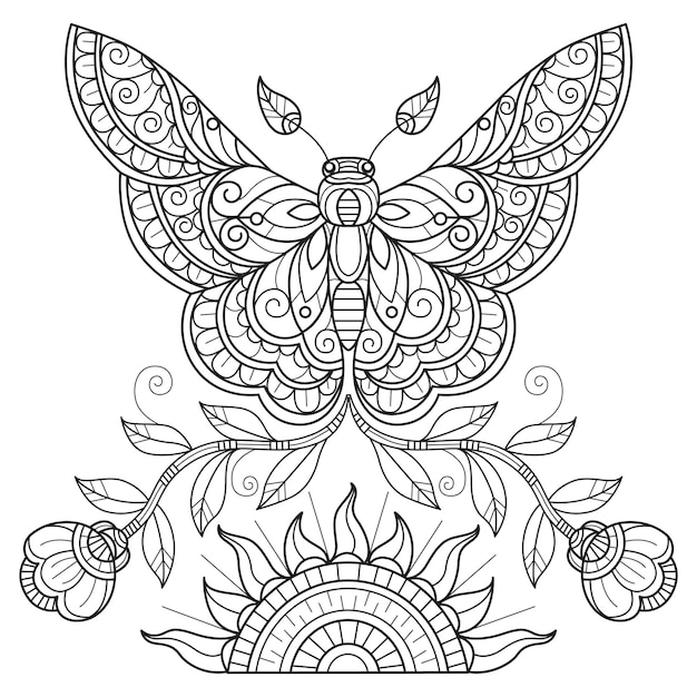 Butterfly and sun hand drawn for adult coloring book