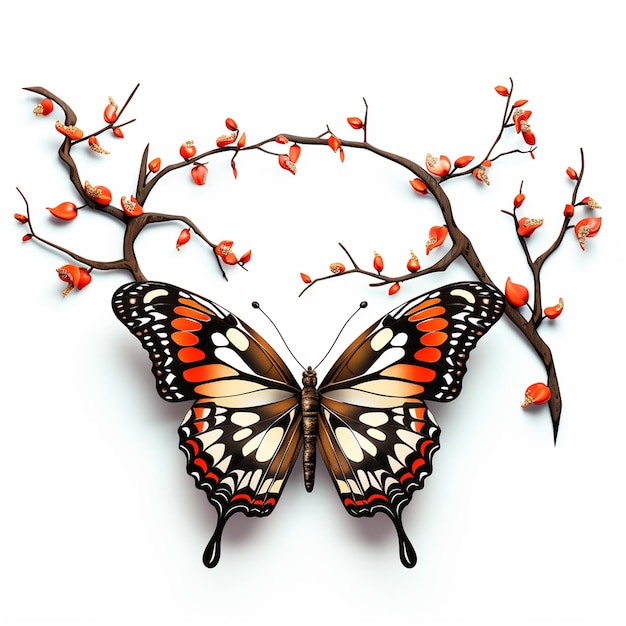 a butterfly that is on a branch with the word  love  on it