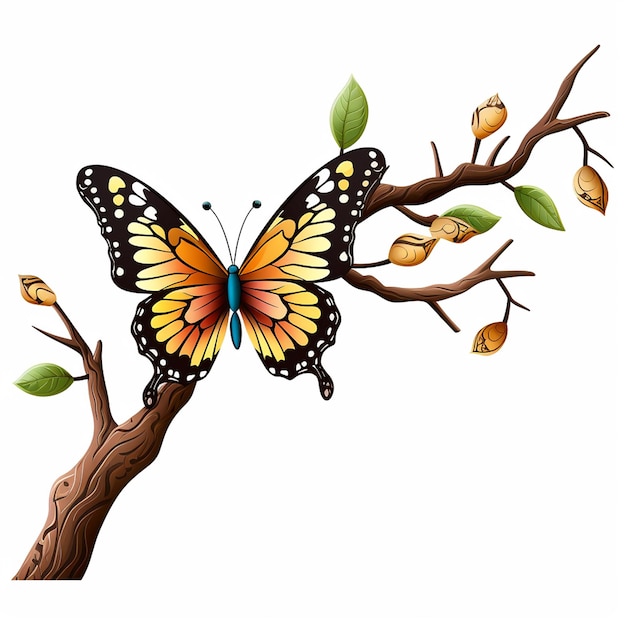 a butterfly that is on a tree with leaves