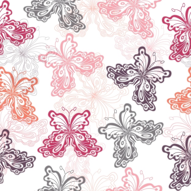 Butterfly winged insect silhouettes seamless pattern in red gray colors