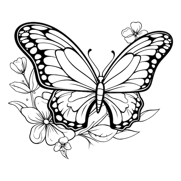 Vector butterfly with flowers black and white vector illustration for coloring book