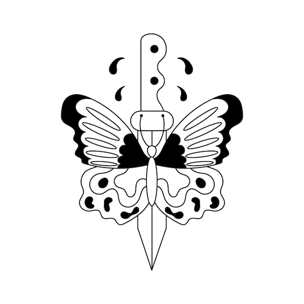 Vector butterfly with knife tattoo in y2k 1990s 2000s style emo goth element design old school tattoo