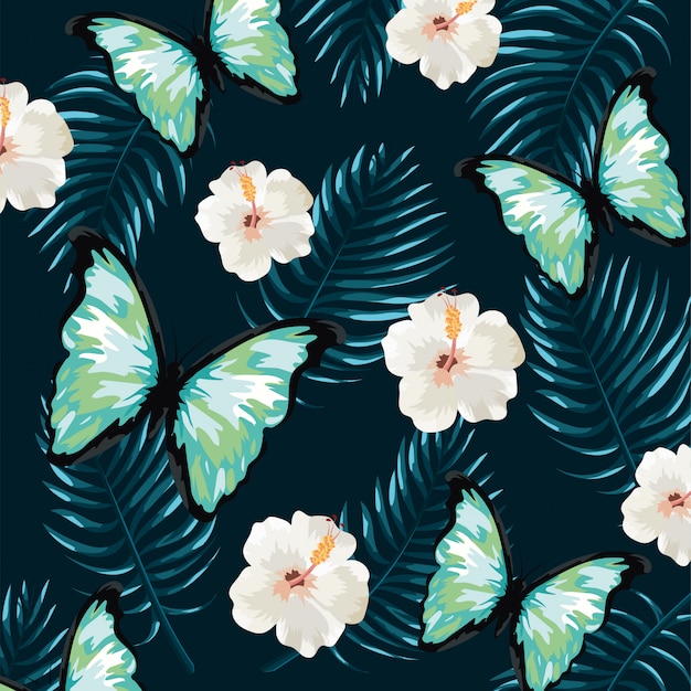 Butterfly with tropical flowers and leaves background