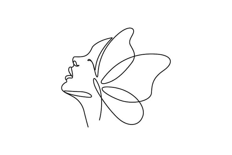 Vector butterfly woman head line art