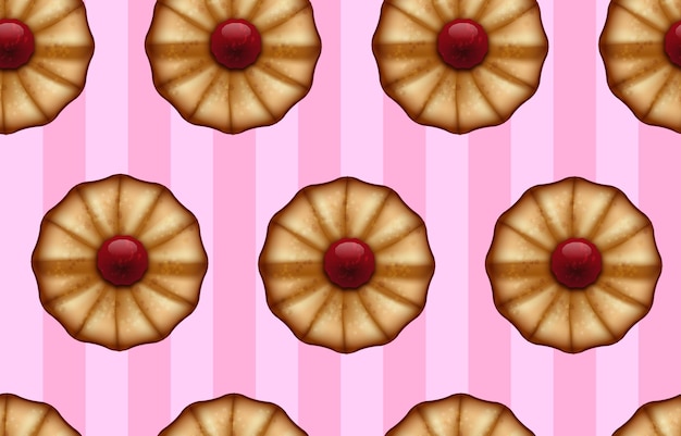 Biscotti burrosi con marmellata rossa su fondo senza cuciture a strisce di colore rosa dolce.