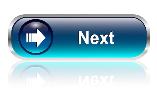 次のボタン、影付きの光沢のある青いアイコン。