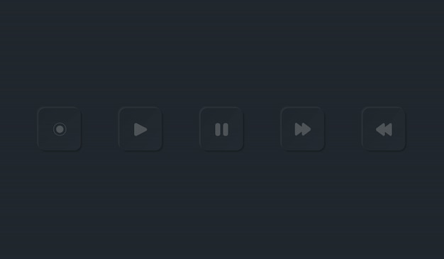 ボタンのアイコンを設定します。暗い色の白いプレーヤーボタンのセットです。ネオモルフィズムのデザインスタイル。図。
