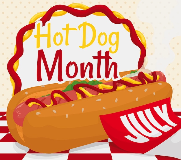 Vector button made with sauces and hot dog with calendar promoting its celebration in july