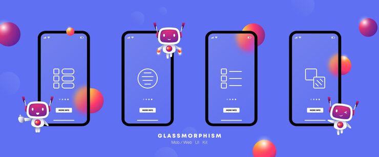 Vector button menu set icon arrows tiles align shapes list sorting charts circles sliders personalization business applications concept glassmorphism ui phone app screen with robots