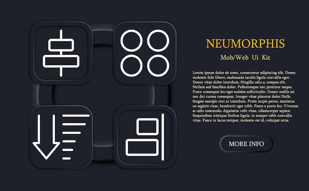 Button menu set icon Arrows tiles apps shapes list sorting charts circles sliders checkmark cross regulator Applications concept Neomorphism style Vector line icon