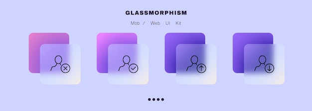 ボタンセットアイコンチェックマークとポインター矢印ティッククロスロードとアンロードの男データセットの概念Glassmorphismスタイルビジネスと広告のベクトル線アイコン