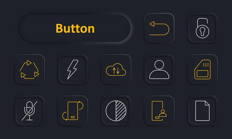 Vector button set icon refresh lightning cloud upload user lock microphone mute rotate document memory card person interface elements functionality tech operations concept
