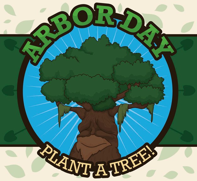 Vector button with an ancient tree on label with shovels and leaves pattern in the background for arbor day