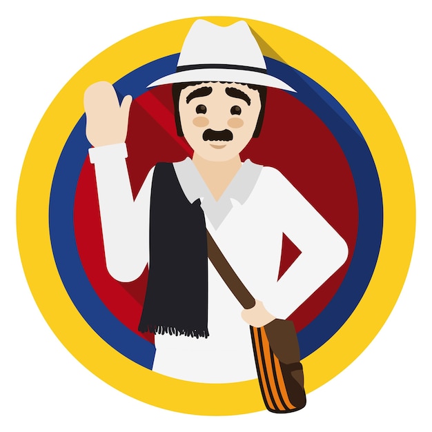 Button with Colombian colors and man wearing arriero paisa garment carriel bag poncho and hat