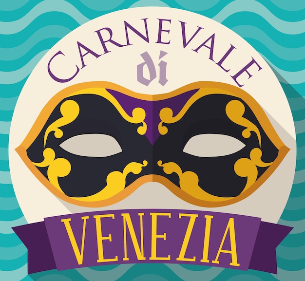 Vector button with colombina mask and ribbon for venice carnival in flat style and long shadow