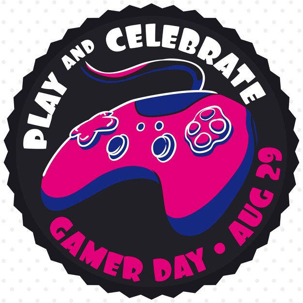 Button with colorful gamepad inside of it inviting at you to play videogames and celebrate Gamer Day