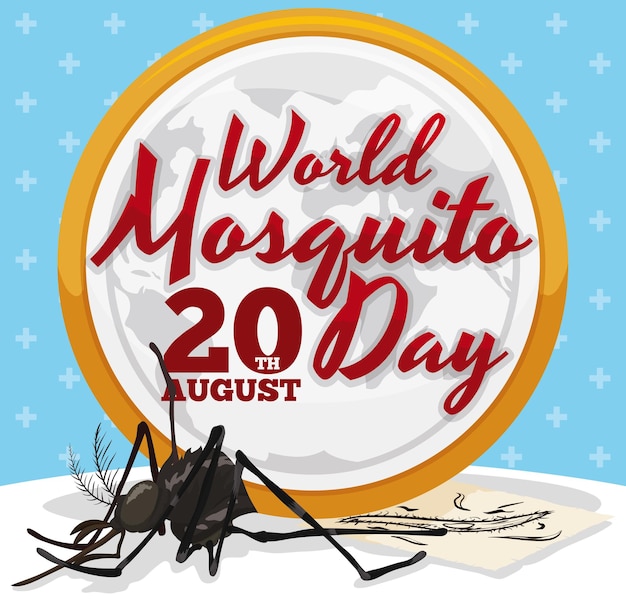 蚊の日における蚊との戦いを象徴する、蚊を打ち砕く地球儀とテキストが描かれたボタン