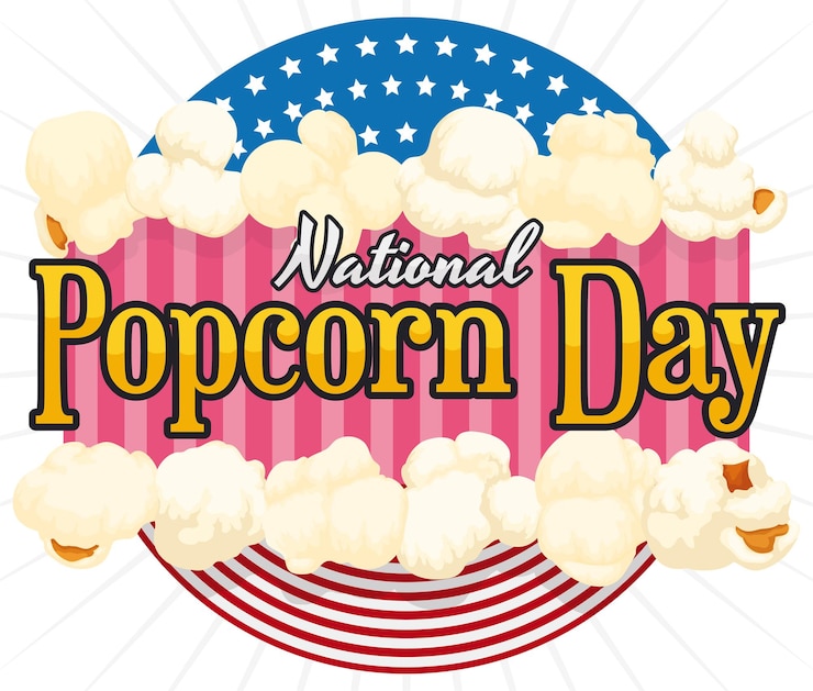 Vector button with stars stripes and popped corn promoting to celebrate national popcorn day in usa