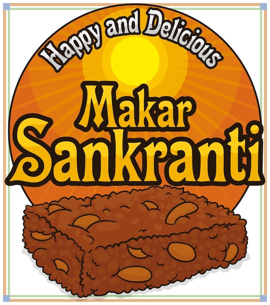 Button with sun and peanut chikki snack a type of brittle indian dessert for makar sankranti