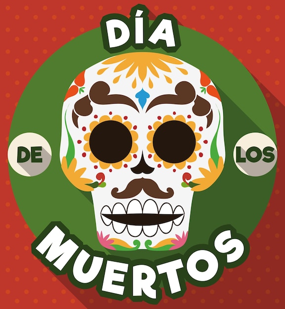 Button with traditional colorful Mexican skull for Dia de los Muertos with long shadow effect