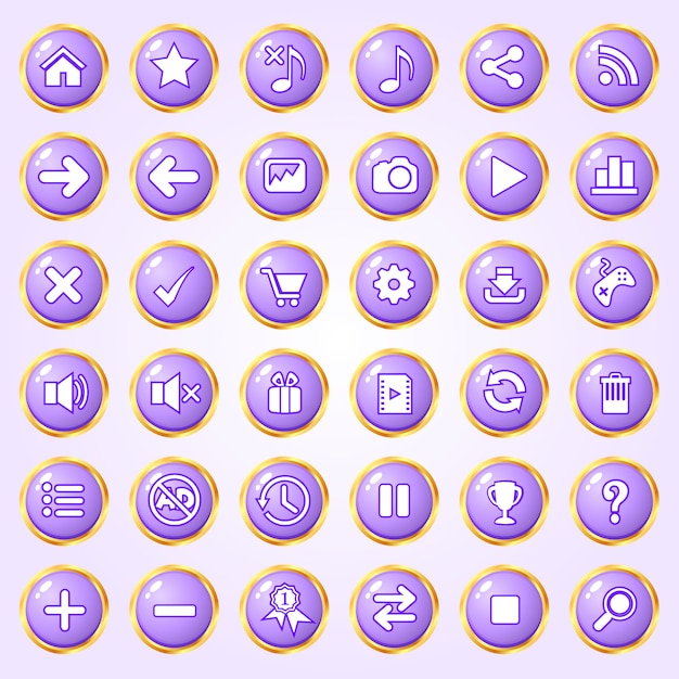 Buttons circle color purple border gold icon set for games.
