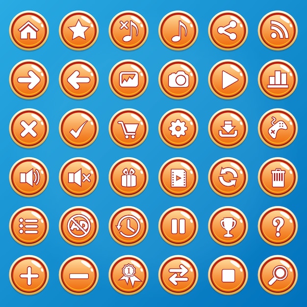 Buttons color orange and icons gui for games.