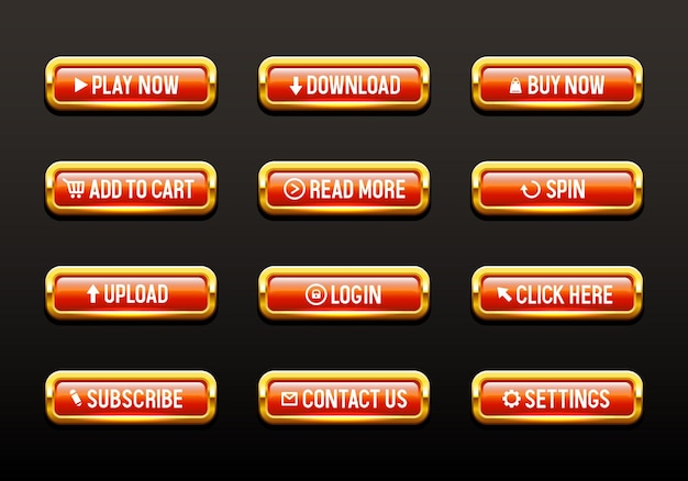 Buttons for web design Red buttons in a gold frame Set of vector 3D buttons