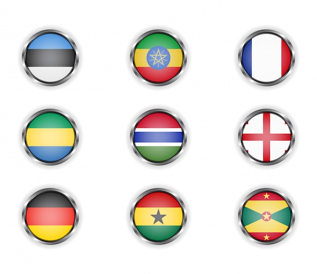 Buttons with the metallic frame of country flags.