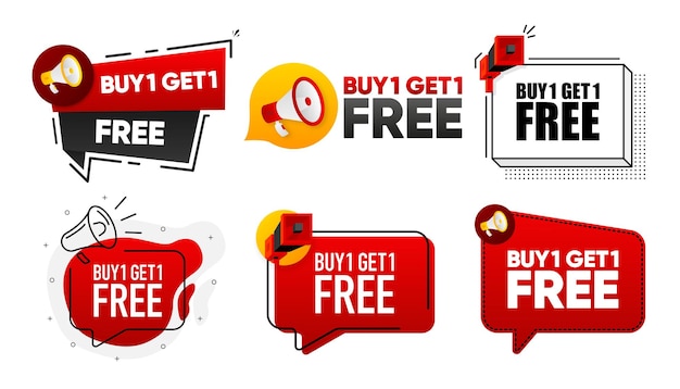 Buy 1 Get 1 Free Megaphone label collection with text Marketing and promotion Vector Illustration