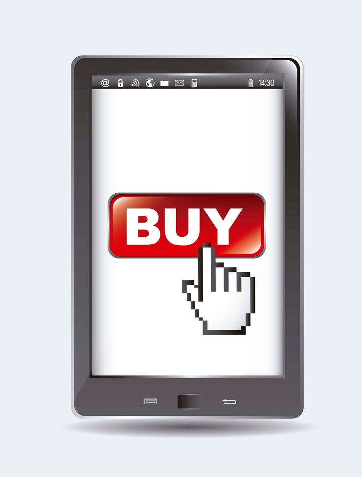 Vector buy button over tablet computer with cursor vector illustration