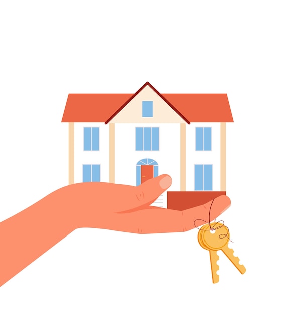 Vector buy a house concept man holding a house and key in hand deal sale offer property purchase