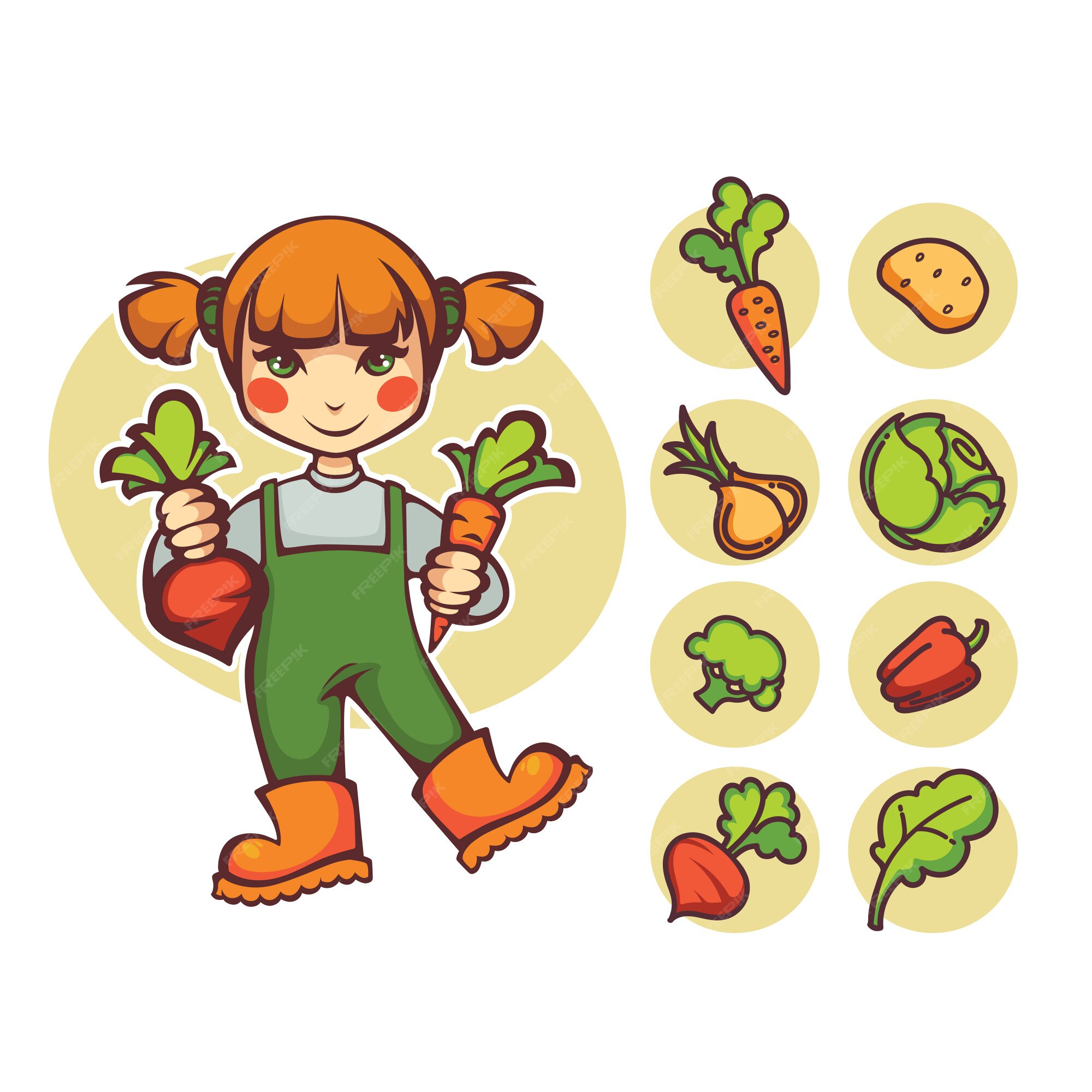 Premium Vector | Buy local, vector cartoon farm girl with carrot and beet Premium Vector | Buy local, vector cartoon farm girl with carrot and beet