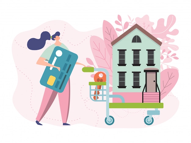 Buy new home illustration, flat tiny cartoon woman owner character pushing shopping cart with house, buyers people buying apartment