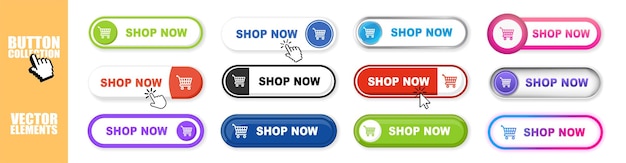 Buy now button web banner set on transparent background Buy now hand pointer clicking