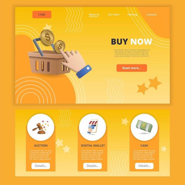 Buy now flat landing page website template auction digital wallet cash web banner with header content and footer vector illustration