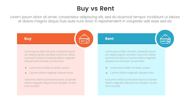 벡터 구매 또는 임대 비교 또는 인포그래픽 템플릿 개념: 테이블 상자 및 원 배지와 함께 2 포인트 목록 정보