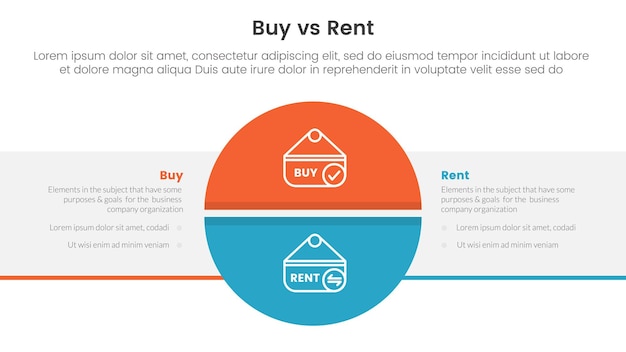 Vector buy or rent comparison or versus concept for infographic template banner with big circle divided and box rectangle with two point list information