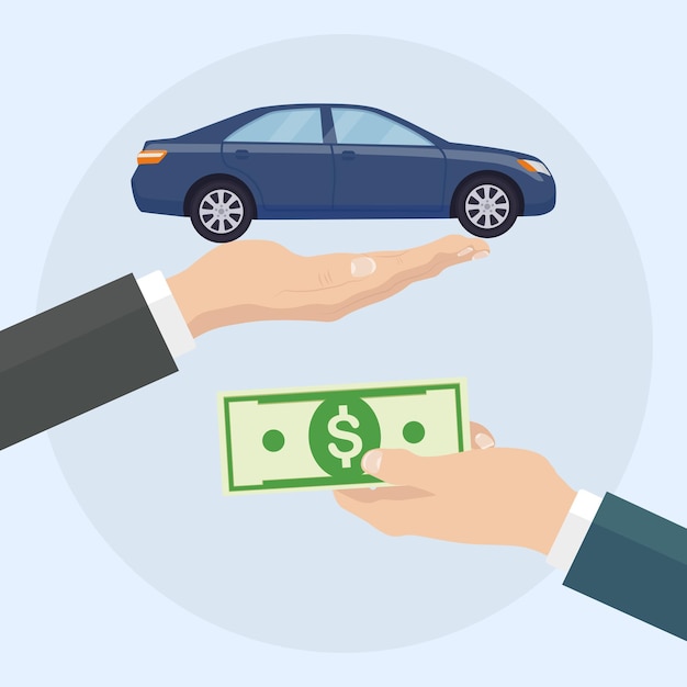 Vector buy or rental car. human hand holds auto and money