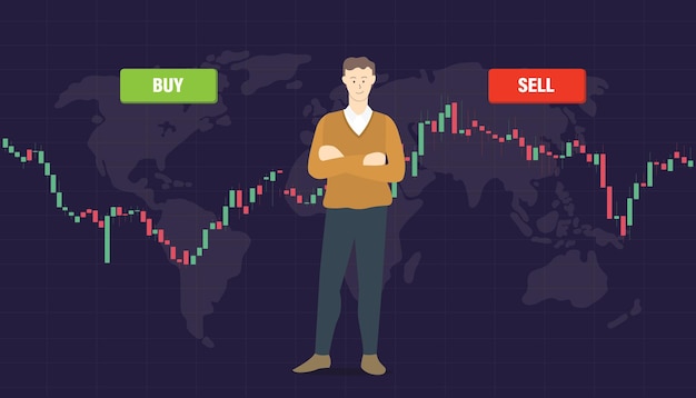 Buy or sell concept for stock market trading with people standing and candle stick background with modern flat style