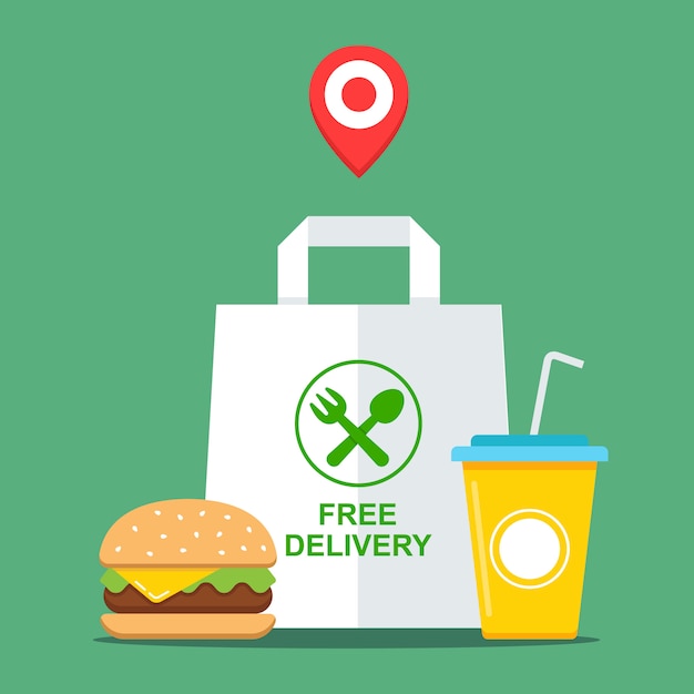 buy takeaway fast food. food delivery free. flat illustration