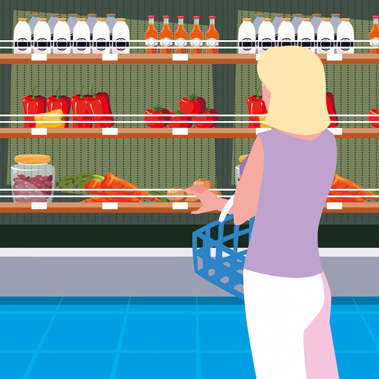 Vector buyer female with store wooden shelving with vegetables